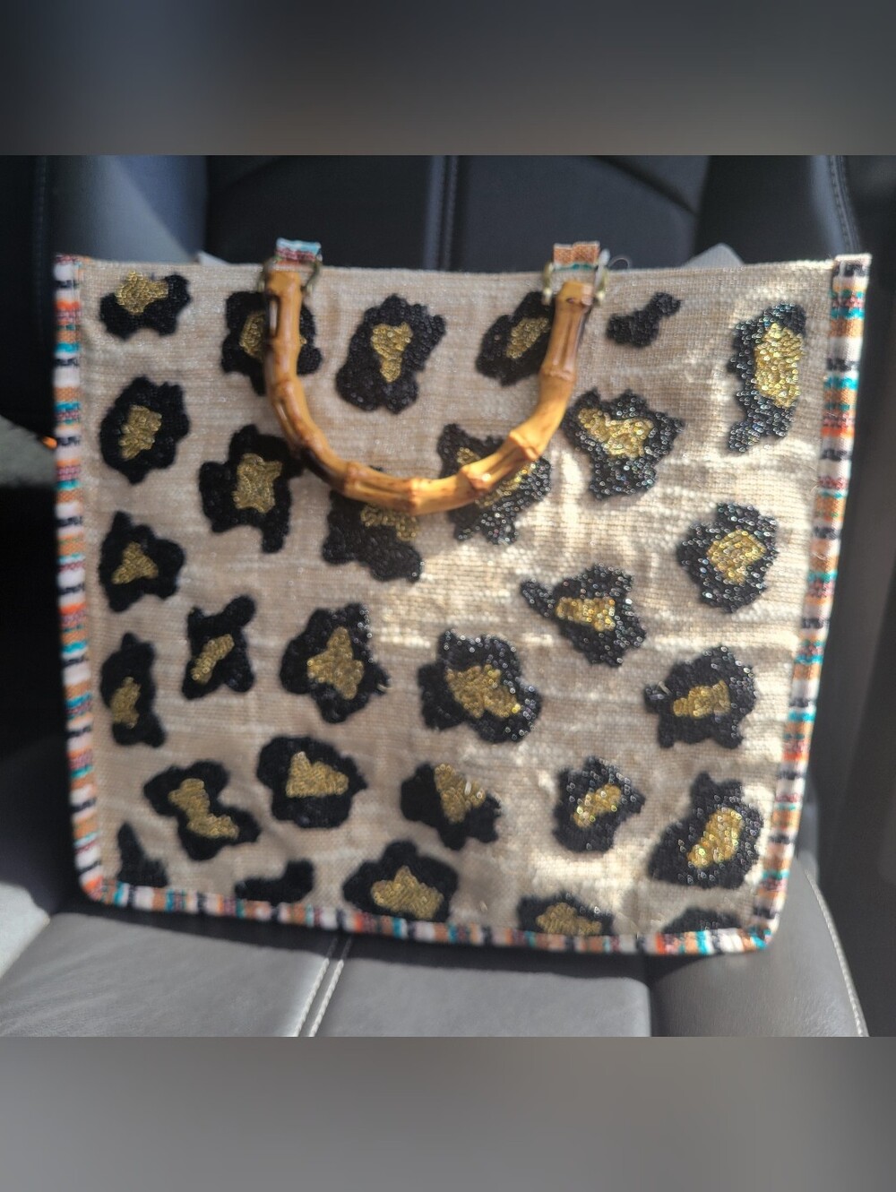 America and Beyond Woven Leopard Bead Tote with CD Bamboo Handles NWT